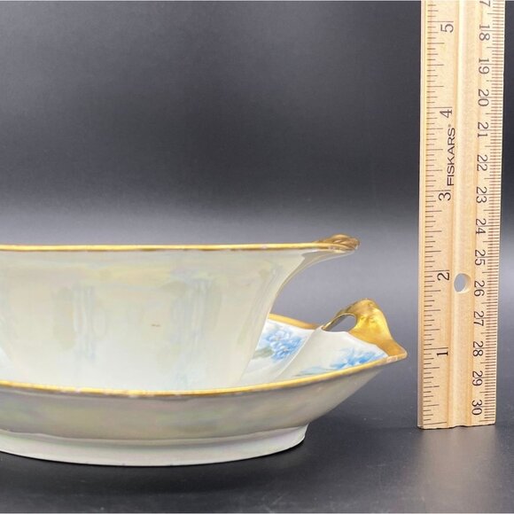 Antique Gravy Boat Under Plate Sauce Weimar Germany Blue Forget Me Not Floral - Picture 10 of 10